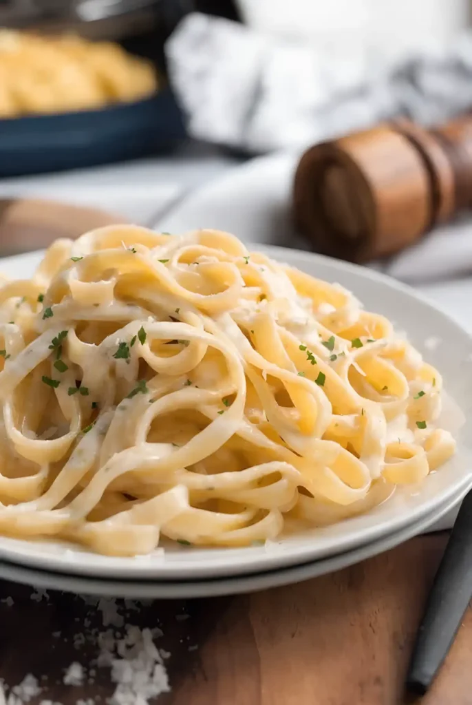 Creamy Fettuccine Alfredo pasta served on a white plate with parmesan and parsley garnish