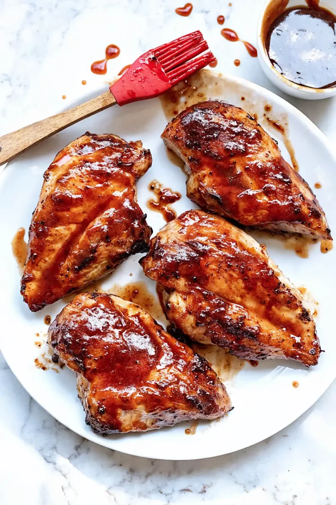 Grilled BBQ chicken breasts glazed with sauce on a white plate with a red basting brush and bowl of barbecue sauce.