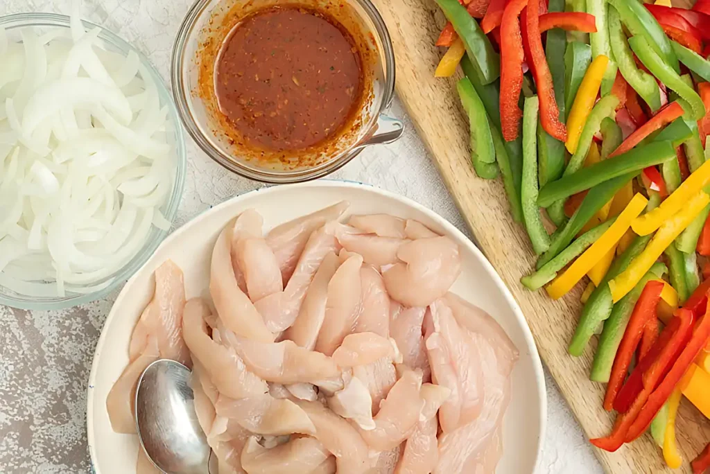 Raw chicken fajitas ingredients with sliced chicken peppers onions and marinade in bowls
