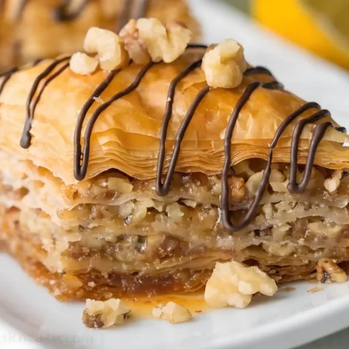 Close up of homemade baklava slice with flaky phyllo layers, walnut filling, honey syrup, and chocolate drizzle on white plate.