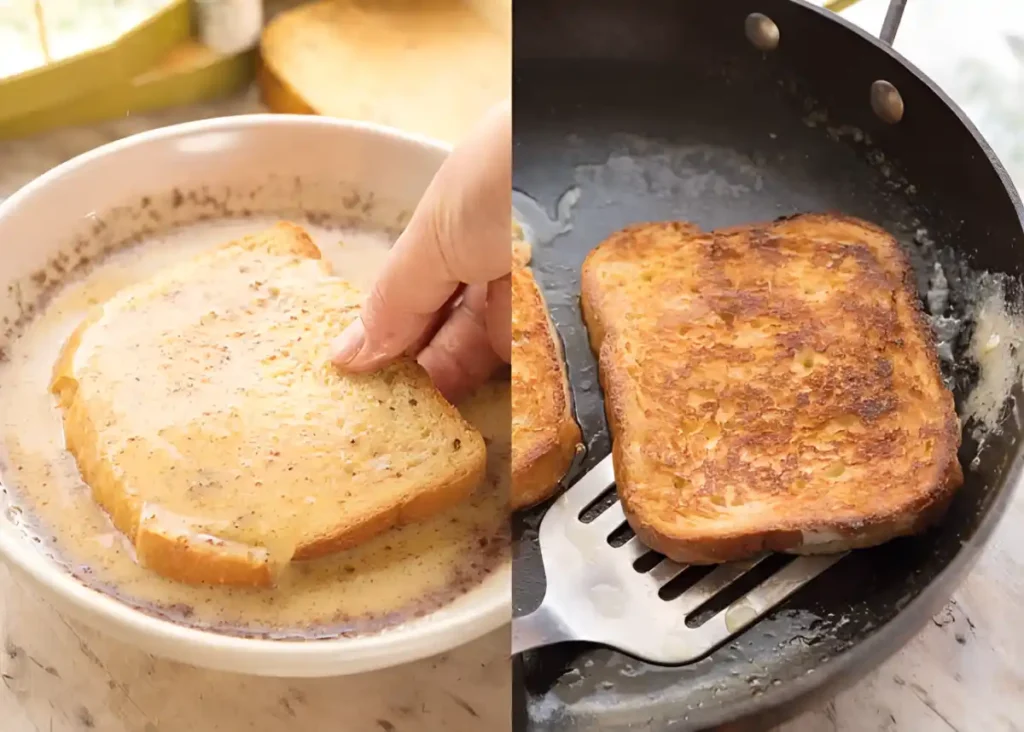 Bread dipped in egg mixture and cooked in a skillet while making homemade French toast.