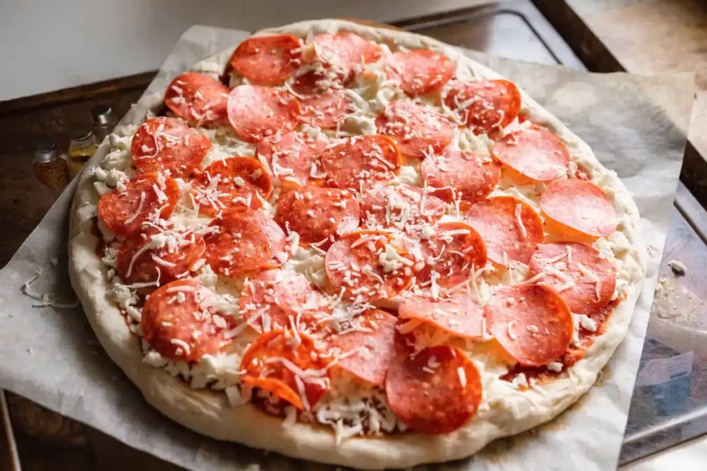 Raw homemade pepperoni pizza with mozzarella and grated parmesan on parchment paper ready to bake.