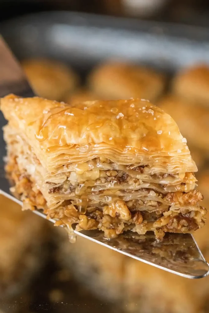 How to make baklava slice showing flaky phyllo layers and walnut filling on spatula with honey syrup glaze.