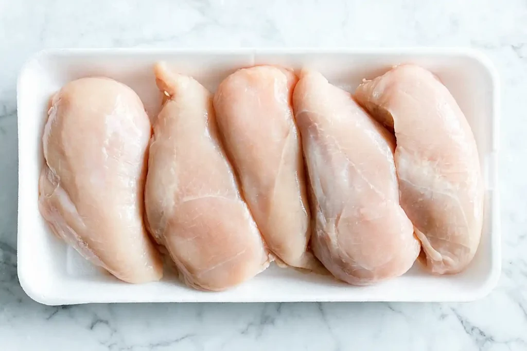 Raw boneless skinless chicken breasts in a white foam tray on a marble countertop.