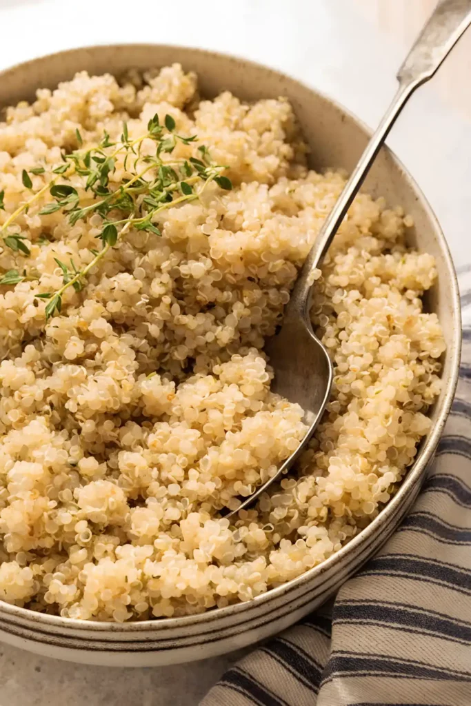 Bowl of fluffy cooked quinoa topped with fresh thyme and a spoon on the side.