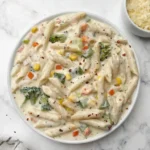 Creamy white sauce pasta with penne, broccoli, corn, carrots, and herbs served in a white bowl on a marble background