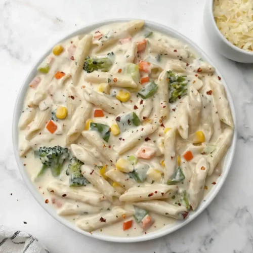 Creamy white sauce pasta with penne, broccoli, corn, carrots, and herbs served in a white bowl on a marble background