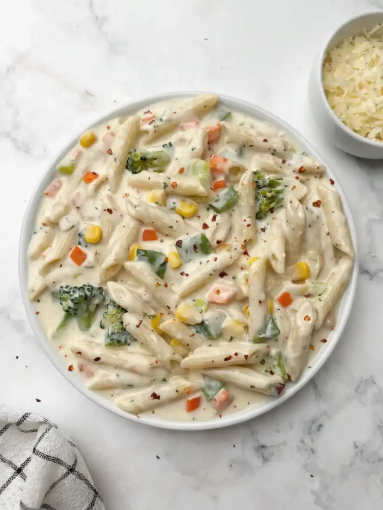 Creamy white sauce pasta with penne, broccoli, corn, carrots, and herbs served in a white bowl on a marble background
