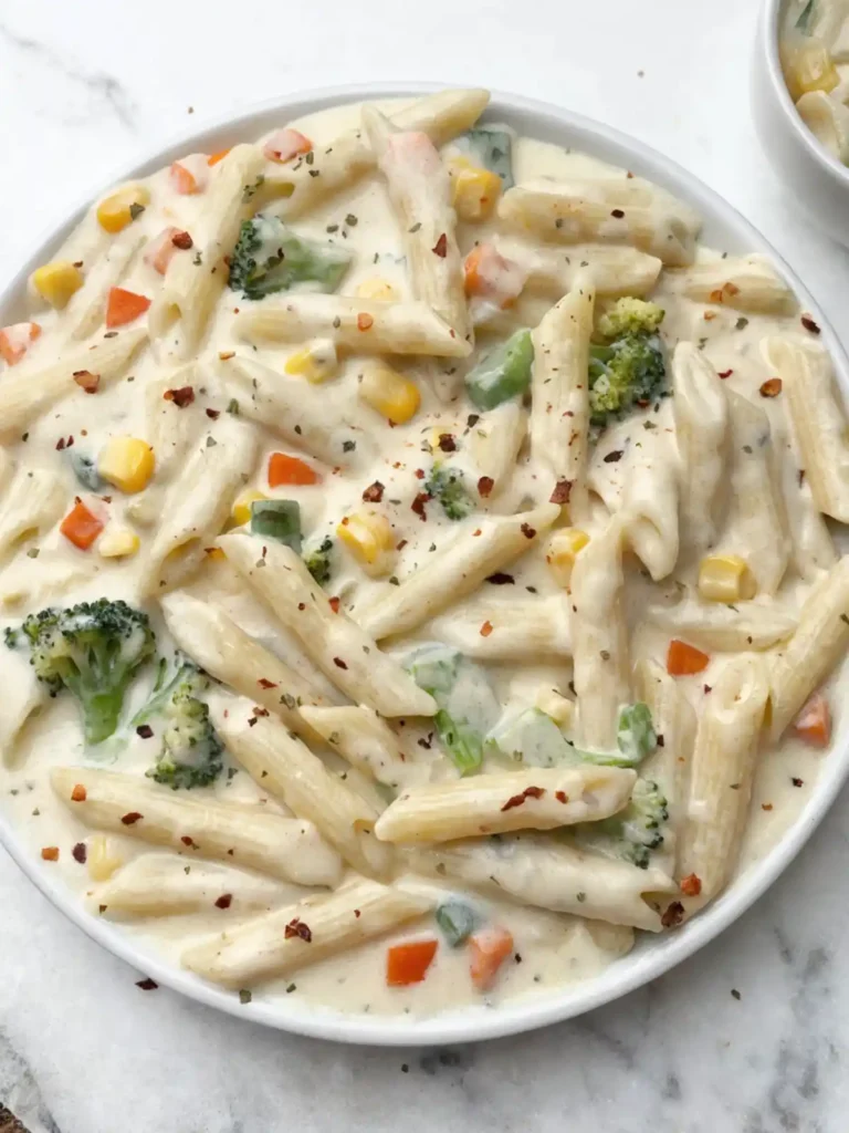 Creamy white sauce pasta with penne, broccoli, corn, carrots, and herbs in a rich béchamel sauce served in a white bowl