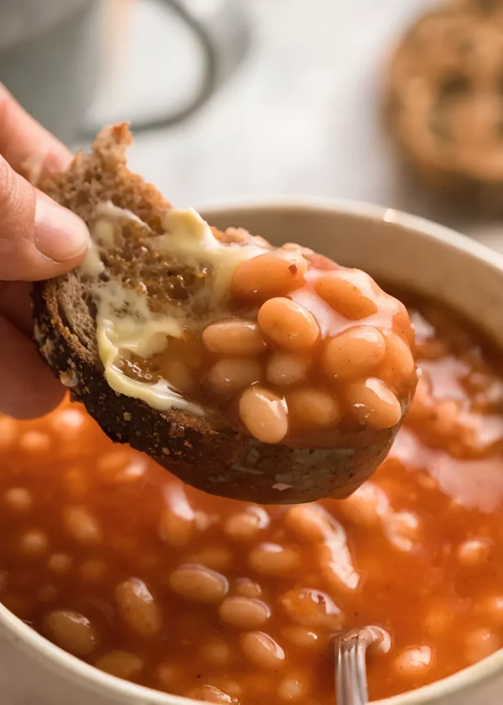 Baked beans from scratch served with buttered toast dipped in rich tomato sauce