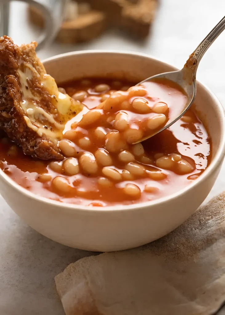 Baked beans recipe served in a bowl with spoon and buttered toast