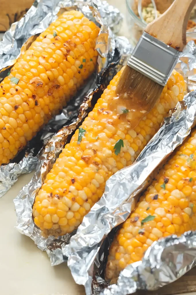 Baked corn on the cob wrapped in foil brushed with garlic butter