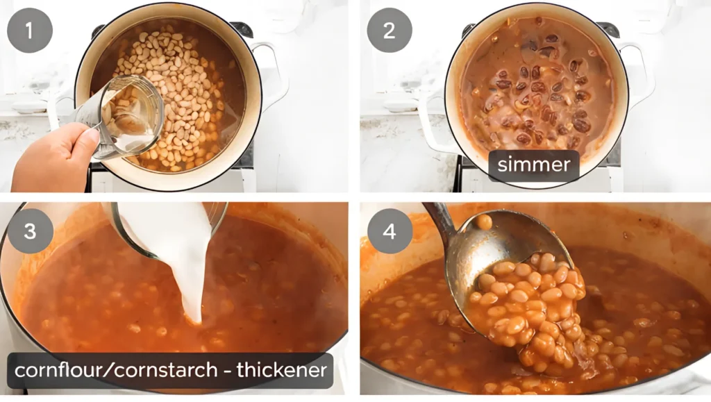 Step by step baked beans recipe showing soaking simmering thickening and serving process