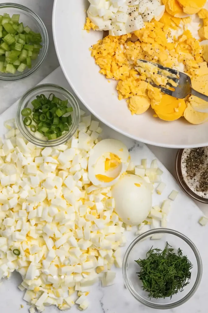 Chopped hard boiled eggs with celery, green onions, and dill being mixed in a bowl for egg salad
