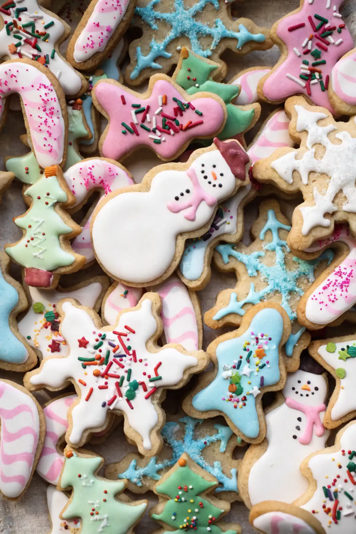 Decorated sugar cookies with royal icing in snowflake, snowman, and Christmas shapes with colorful sprinkles