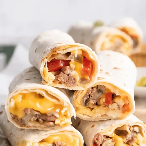 Stacked breakfast burritos filled with scrambled eggs, sausage, mushrooms, melted cheddar cheese, and red bell peppers inside soft flour tortillas.