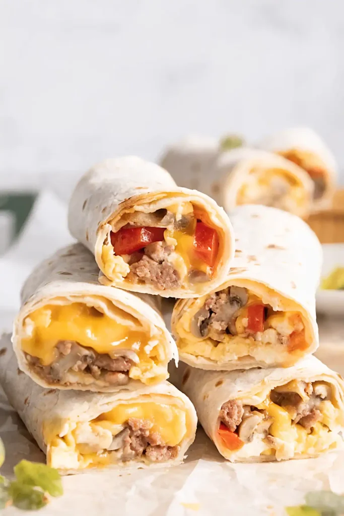 Stacked breakfast burritos filled with scrambled eggs, sausage, mushrooms, melted cheddar cheese, and red bell peppers inside soft flour tortillas.