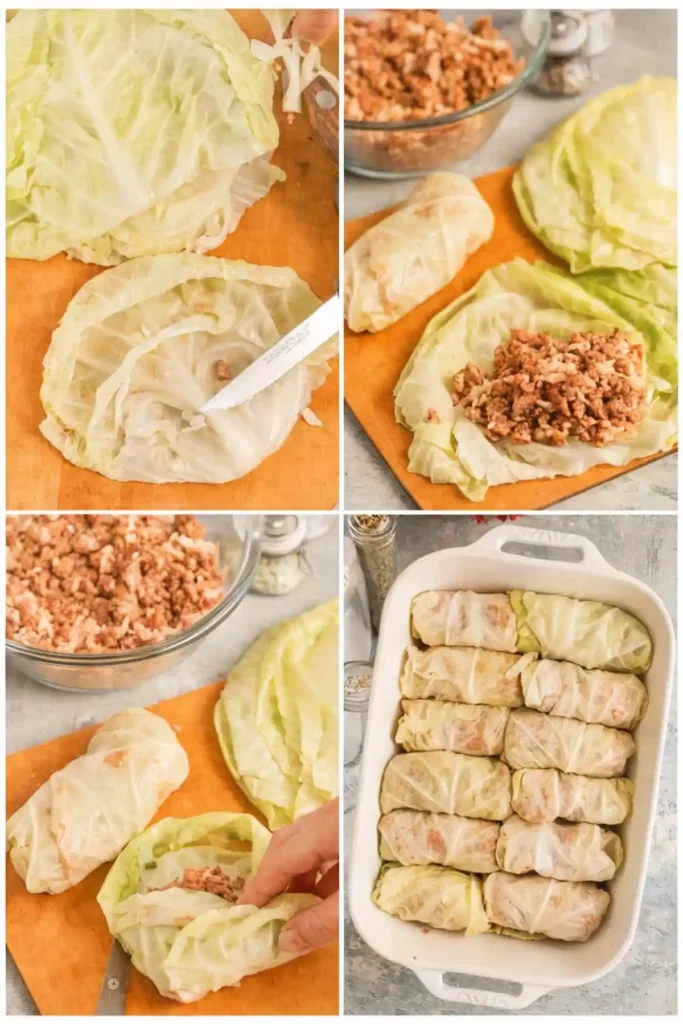 Step by step process of making cabbage rolls with cabbage leaves, meat filling, rolling technique, and arranged rolls in a baking dish.