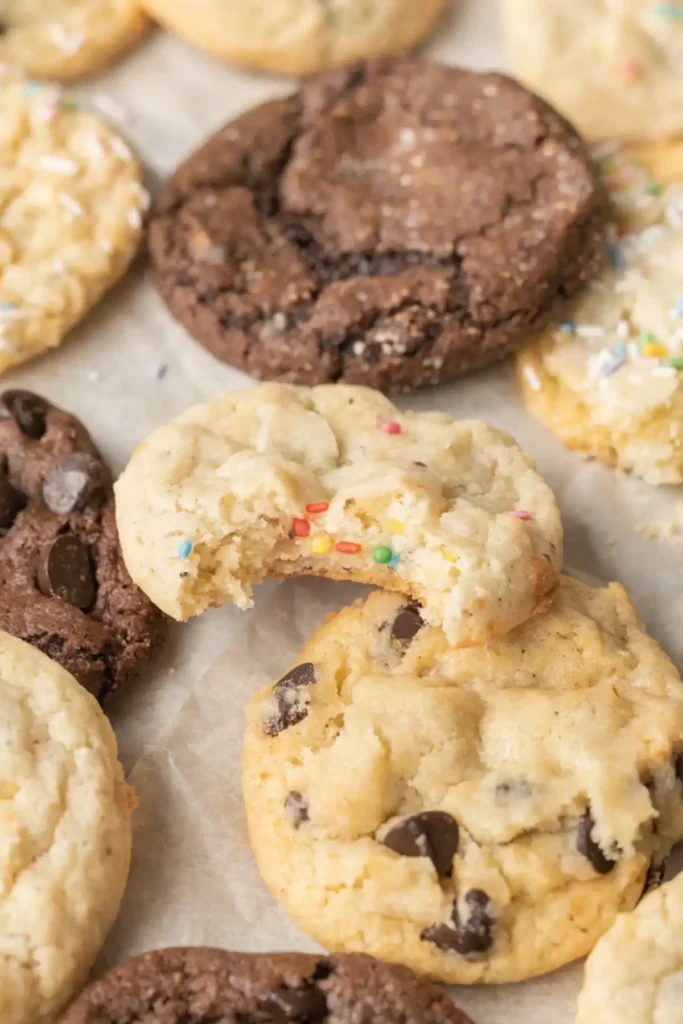Soft cake mix cookies with chocolate chips and funfetti sprinkles on parchment paper, including a broken cookie showing a chewy center.