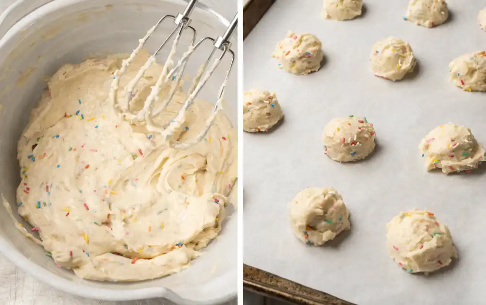 Cake mix cookie dough with colorful sprinkles being mixed in a bowl and scooped onto a parchment lined baking sheet before baking.