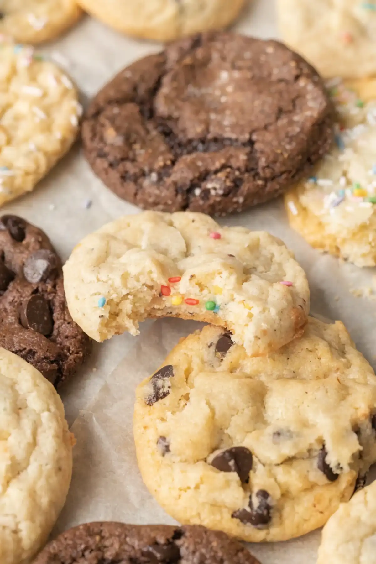 Soft cake mix cookies with chocolate chips and funfetti sprinkles on parchment paper, including a broken cookie showing a chewy center.