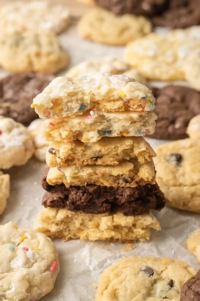 Stack of soft cake mix cookies cut in half showing a fluffy center with sprinkles and chocolate chips, surrounded by assorted homemade cookies on parchment paper.