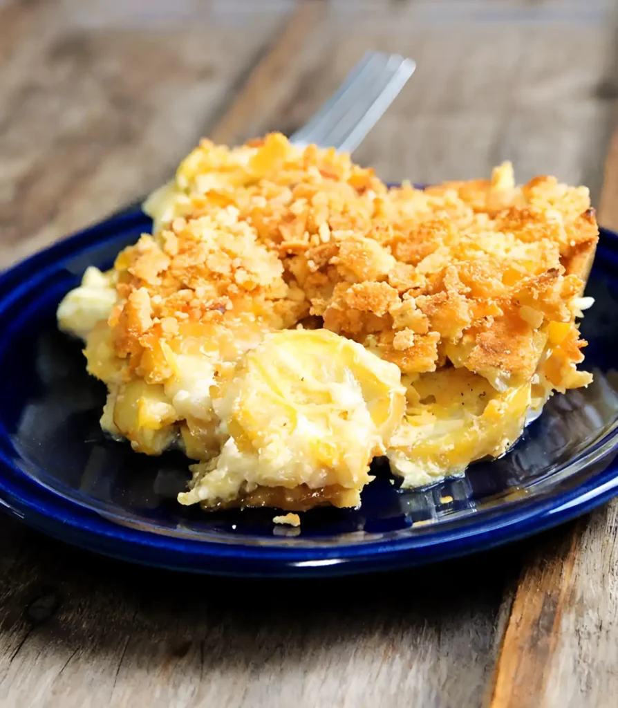 Cheesy squash casserole with creamy yellow squash and crispy golden cracker topping on a blue plate
