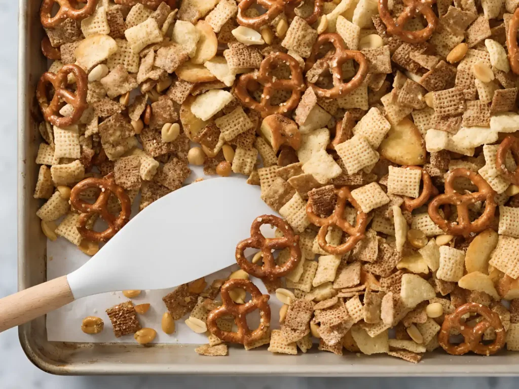 Homemade Chex mix with pretzels, cereal squares, bagel chips, and peanuts on a baking sheet with a spatula.