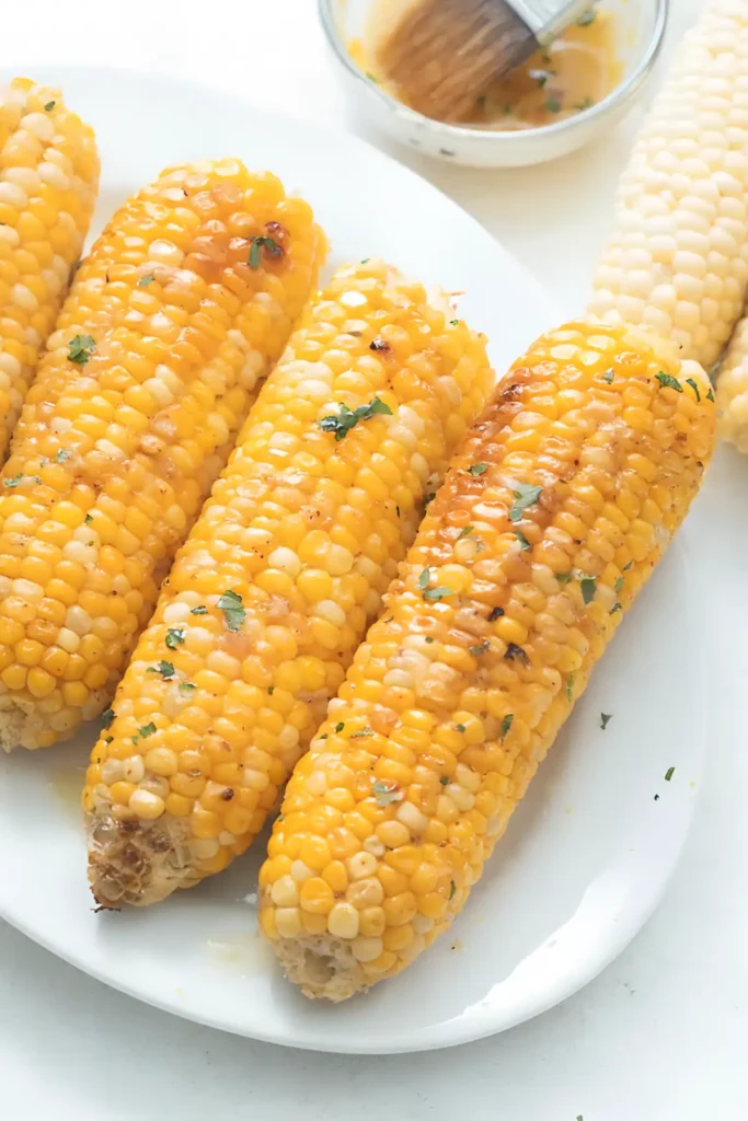 Baked corn on the cob on a plate with garlic butter and herbs