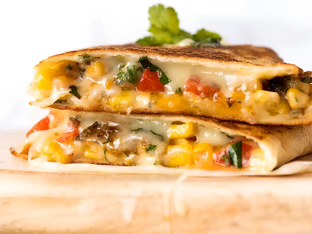 Crispy quesadilla with melted cheese, corn, and diced vegetables sliced in half