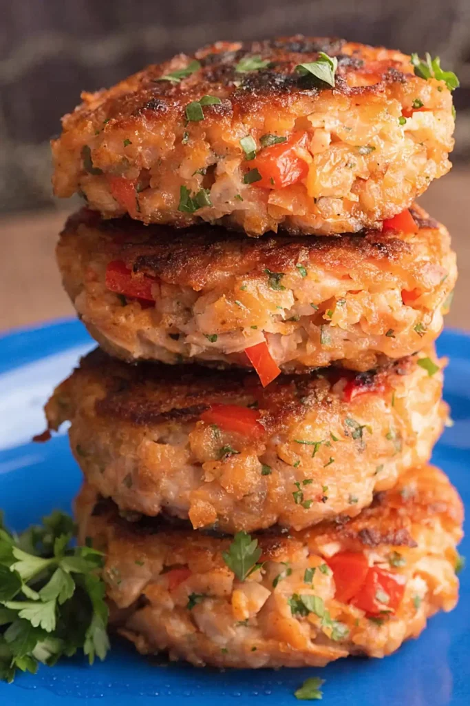 Stack of crispy salmon patties with red peppers and herbs on a blue plate
