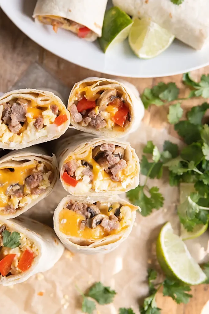 Top view of sliced breakfast burritos filled with scrambled eggs, sausage, mushrooms, melted cheddar cheese, and red bell peppers with cilantro and lime.
