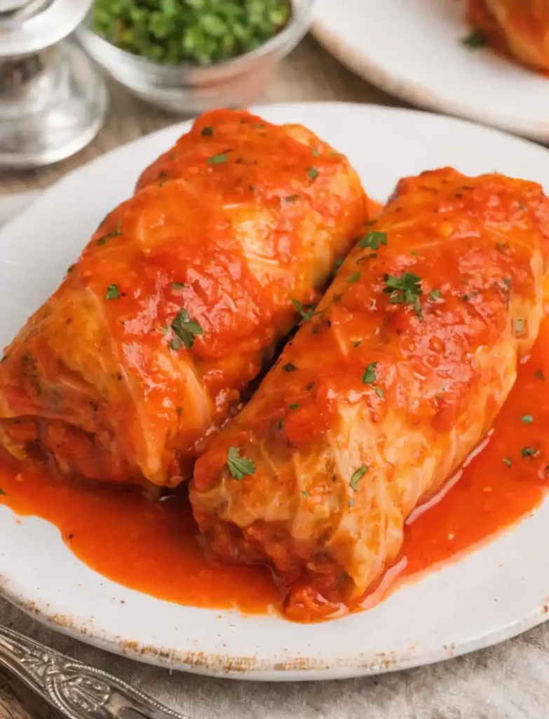 Easy cabbage rolls recipe with meat and rice filling topped with rich tomato sauce and fresh parsley.