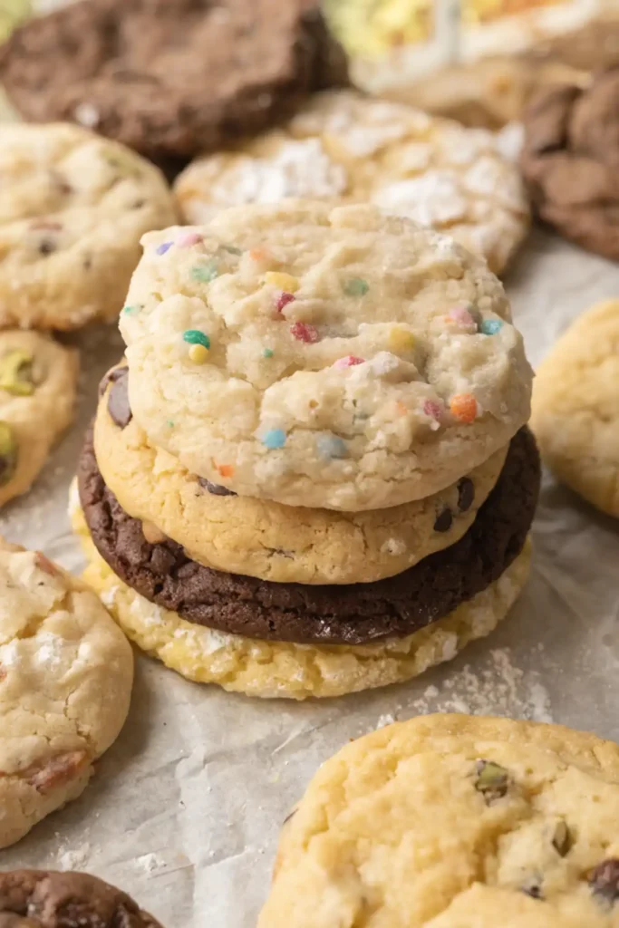 Stack of soft cake mix cookies including funfetti, chocolate chip, chocolate, and lemon crinkle cookies on parchment paper.