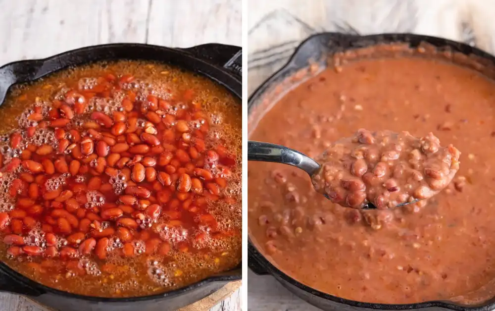 easy red beans and rice recipe showing whole beans cooking and mashed beans for creamy texture in skillet
