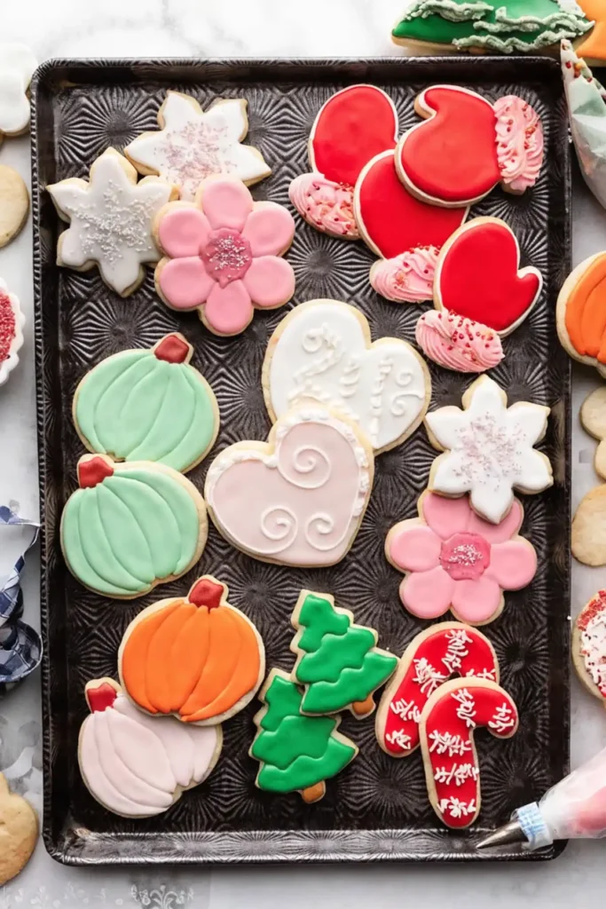 Decorated sugar cookies with royal icing on tray in heart, pumpkin, flower, and Christmas shapes