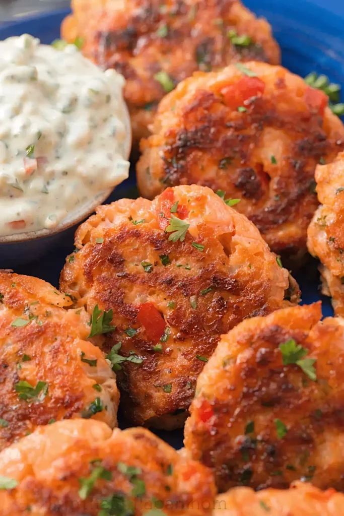 Close up of crispy salmon patties with herbs served with creamy tartar sauce