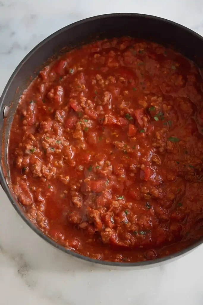 easy spaghetti sauce recipe simmering with ground beef