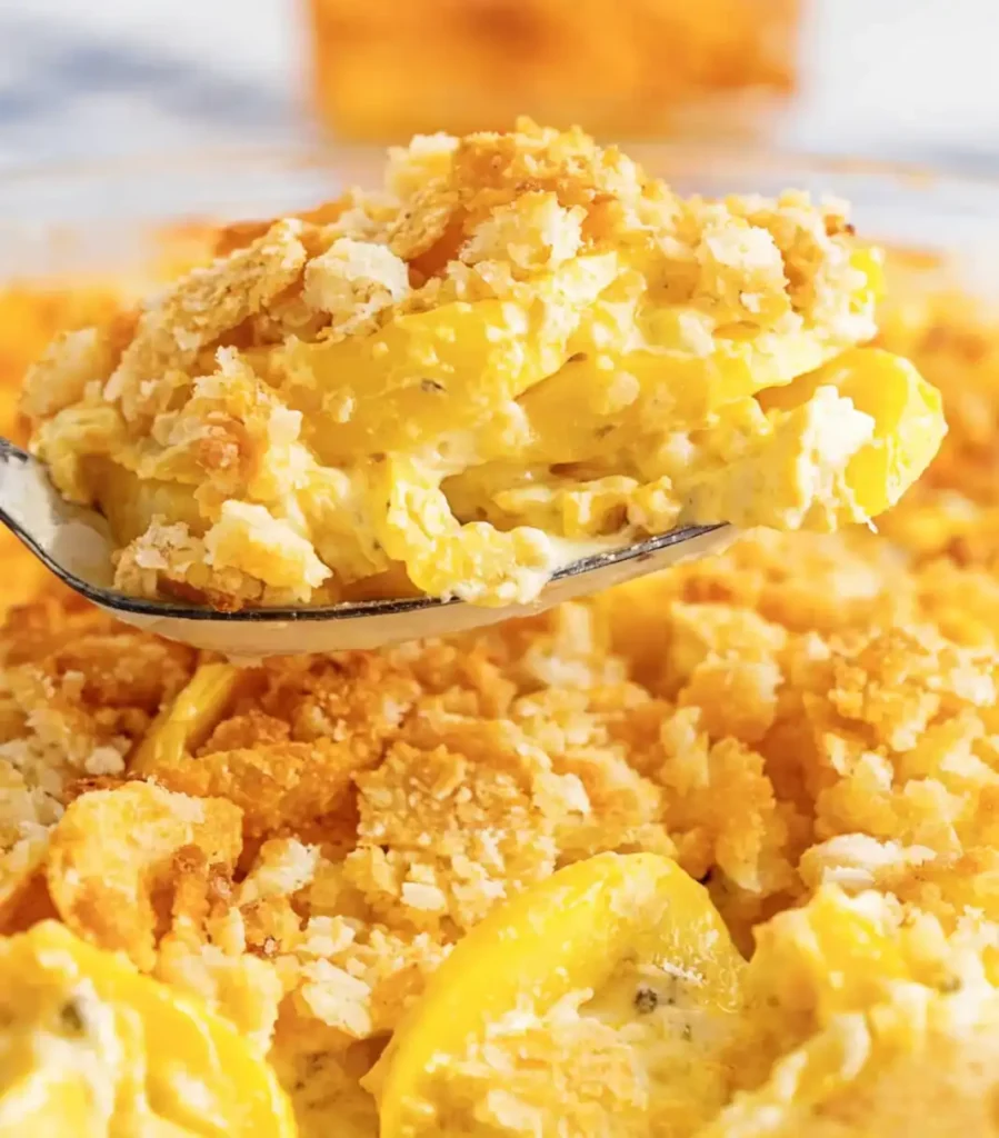 Easy squash casserole with creamy yellow squash and crispy golden cracker topping on a spoon