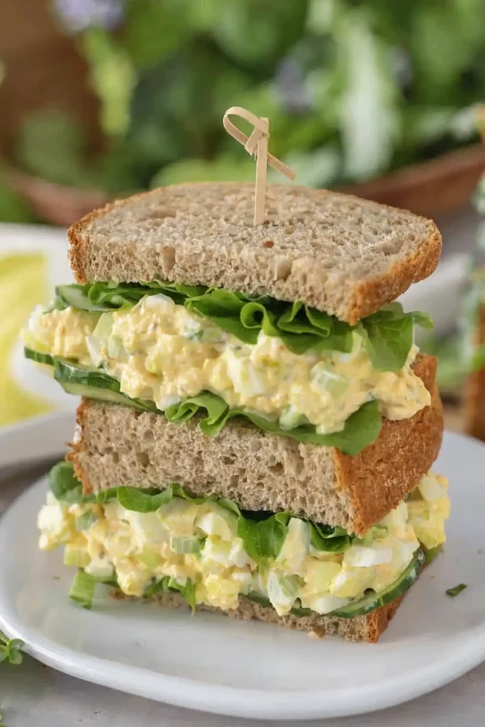 Egg salad sandwich with lettuce and cucumber on whole wheat bread stacked on a white plate