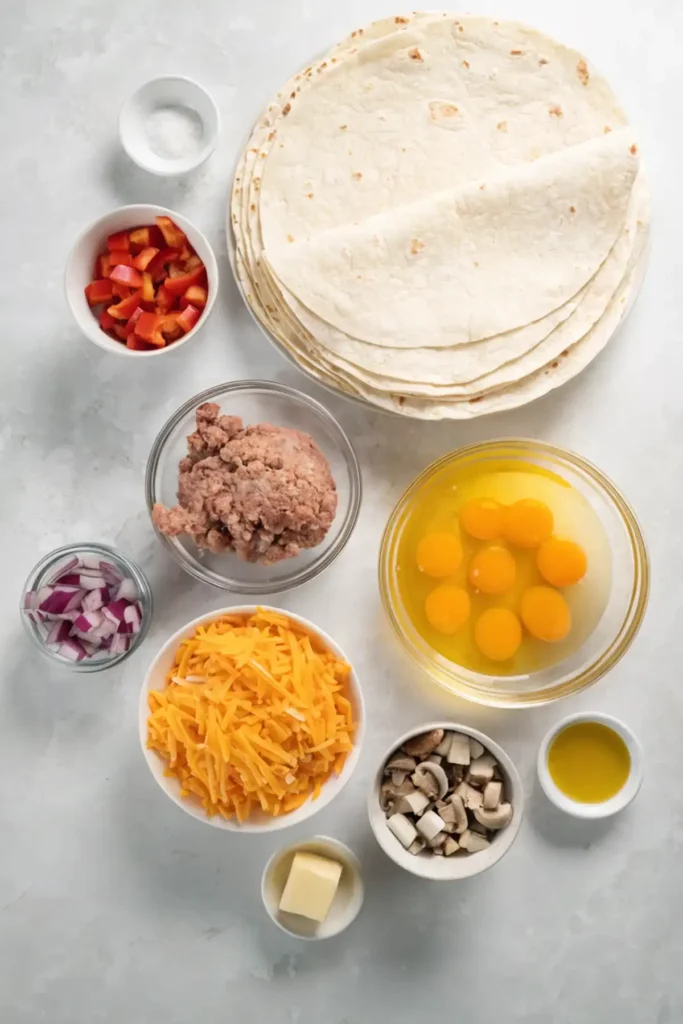 Top view of breakfast burrito ingredients including flour tortillas, eggs, sausage, shredded cheddar cheese, mushrooms, red onion, bell peppers, butter, olive oil, and salt.