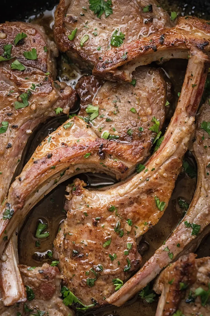 Garlic butter lamb chops pan seared with herbs in a skillet, juicy and golden brown