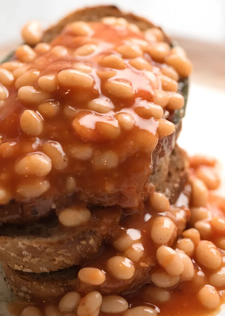 Baked beans on toasted bread with thick tomato sauce and soft white beans