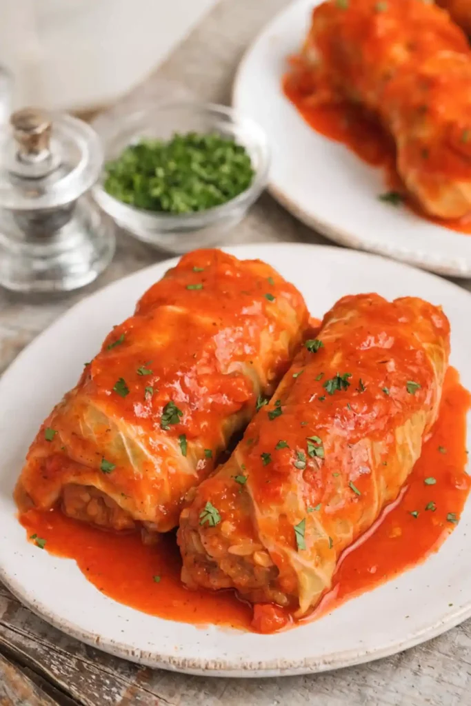 Homemade cabbage rolls stuffed with meat and rice served on a plate with rich tomato sauce and parsley.