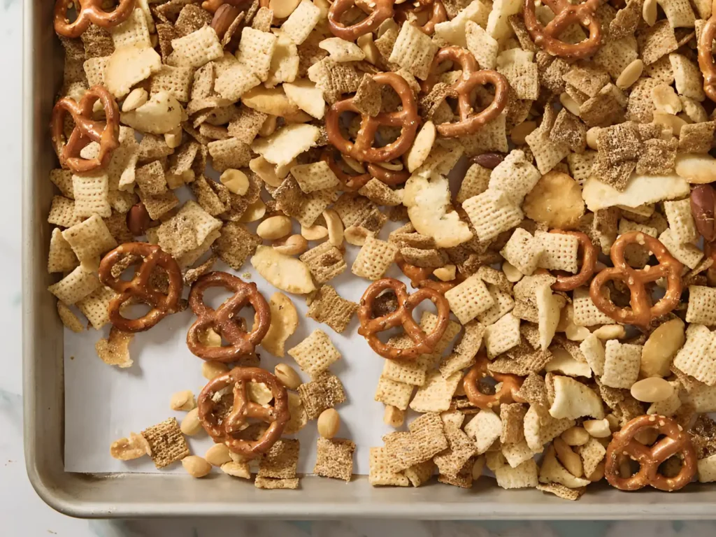 Homemade Chex mix with pretzels, cereal squares, bagel chips, and peanuts spread on a parchment lined baking sheet.
