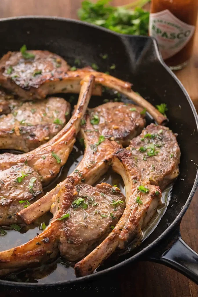 Lamb chop recipe with pan seared chops in garlic butter sauce cooked in a skillet