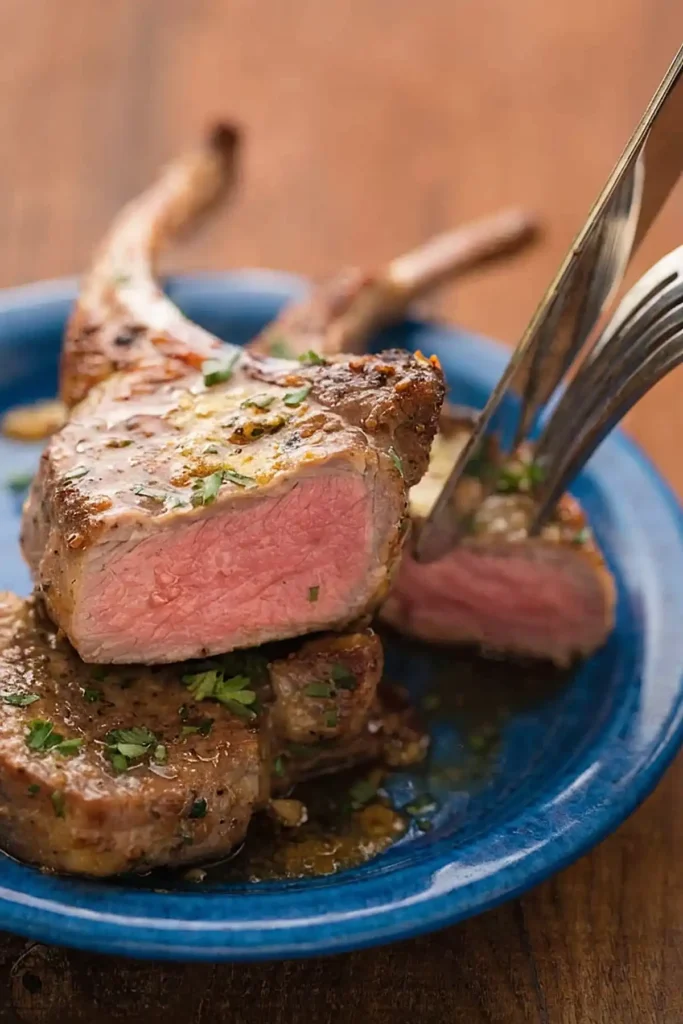 Medium rare lamb loin chop sliced open with garlic butter sauce and fresh parsley on a blue plate