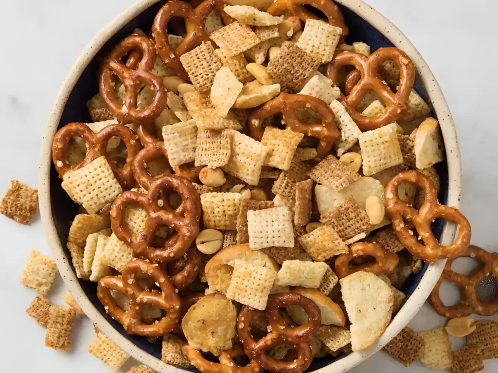 Bowl of homemade Chex mix recipe with pretzels, cereal squares, bagel chips, and peanuts.