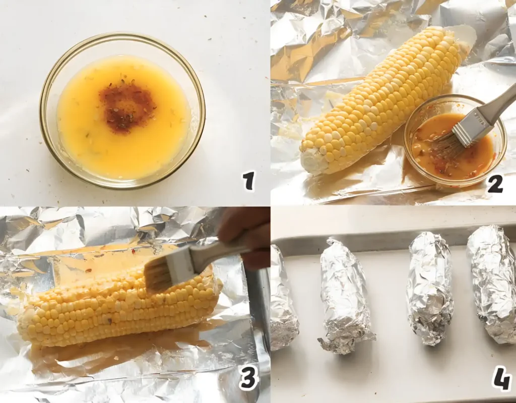 Step by step baked corn on the cob in oven with garlic butter and foil