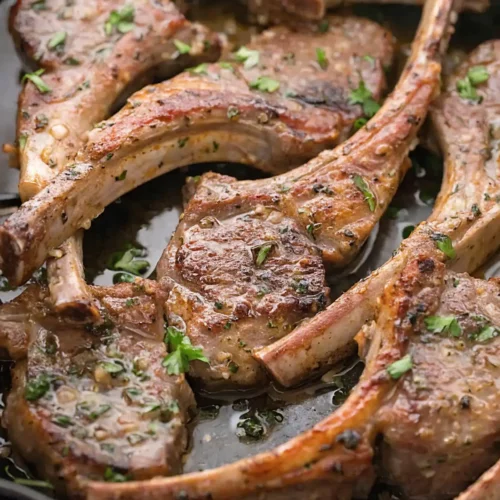 Pan seared lamb chops in a skillet with garlic butter sauce and fresh parsley garnish